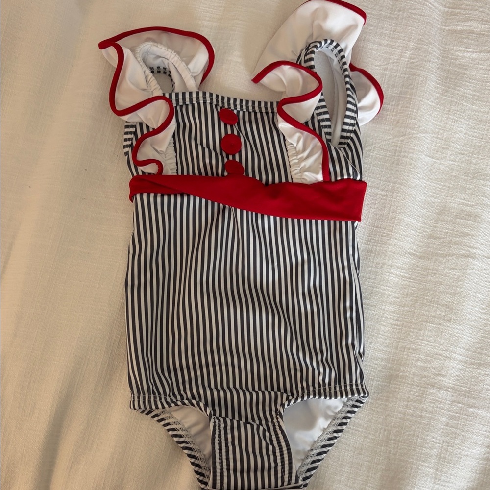 Bella Bliss Striped Ruffle Swimsuit with Red Accents